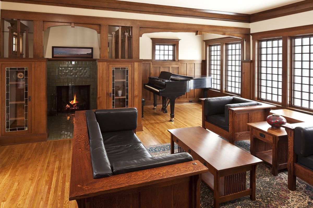 Craftsman living room with fireplace and nook-piano