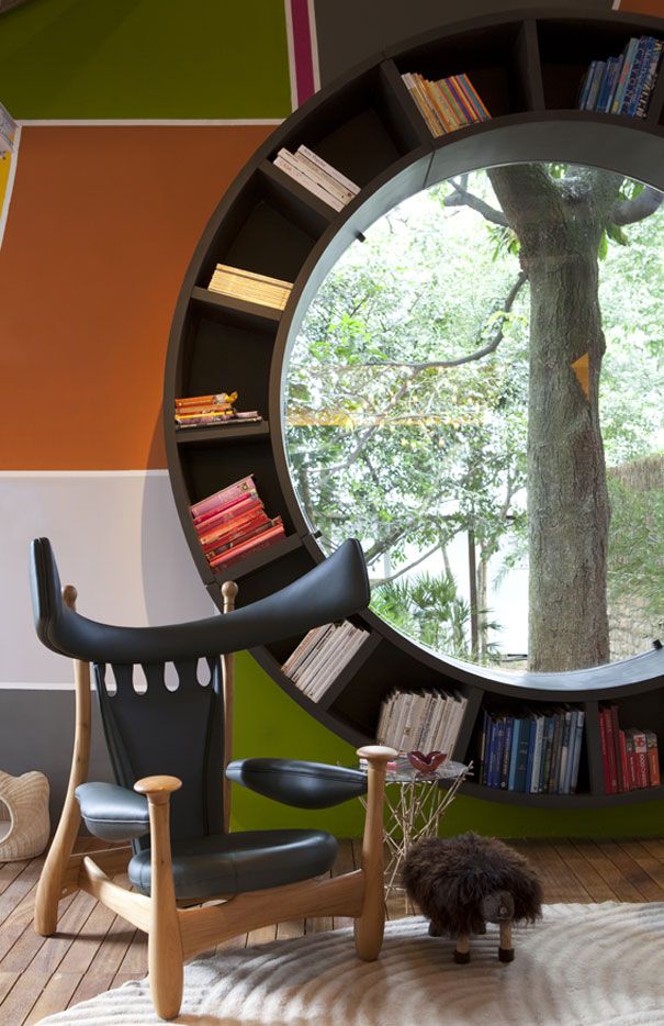 Custom designed circular window space for books