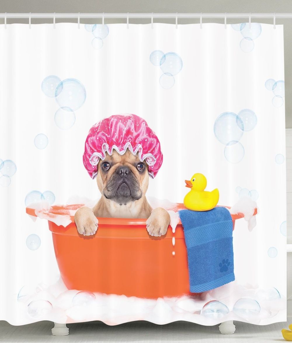 Cute Dog in Bathroom with Rubber Duck Shower curtain
