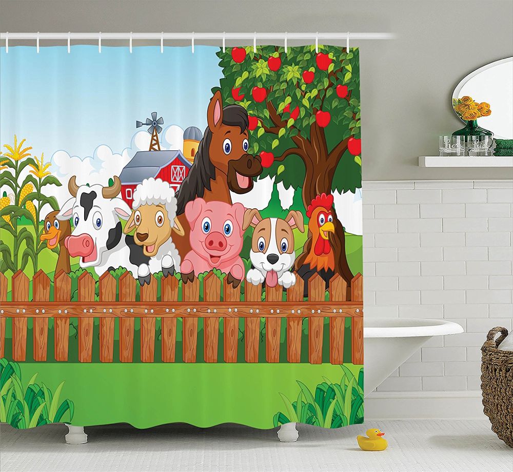 Cute Farm Animals on the Fence of Comic Mascots with Dog Cow Horse for Kids Decor