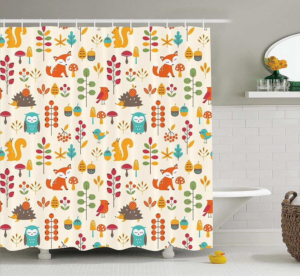 Cute Kids Autumn Pattern with Owl Fox Squirrel Birds shower curtain