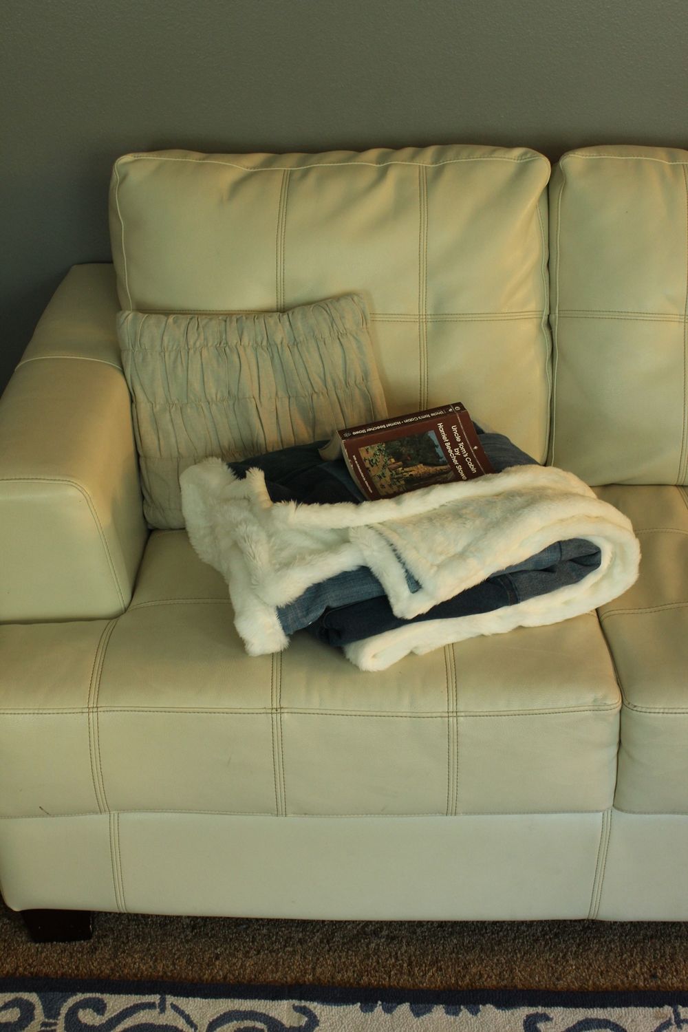 DIY Denim Fur Throw - leather sofa