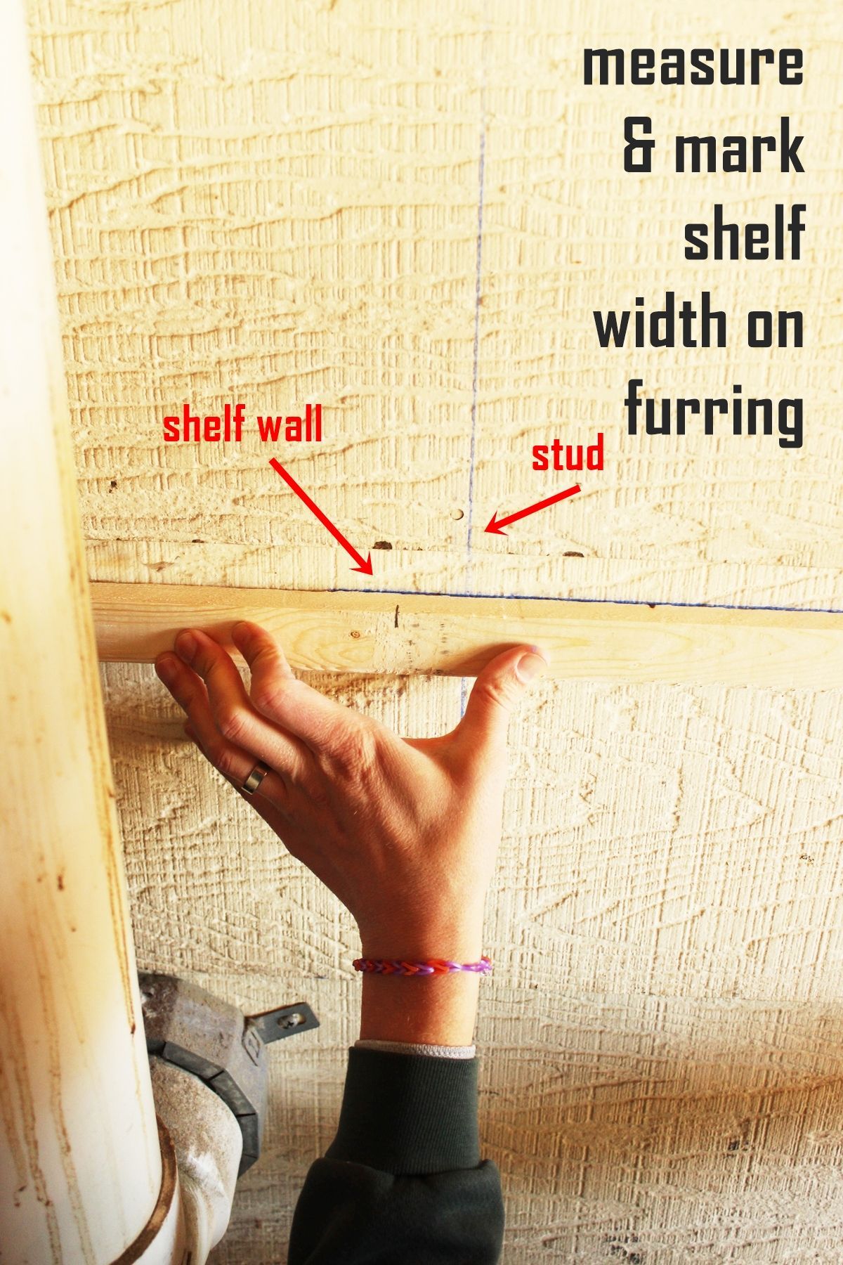 DIY Easy Built in Shelves Hold up a strip of furring