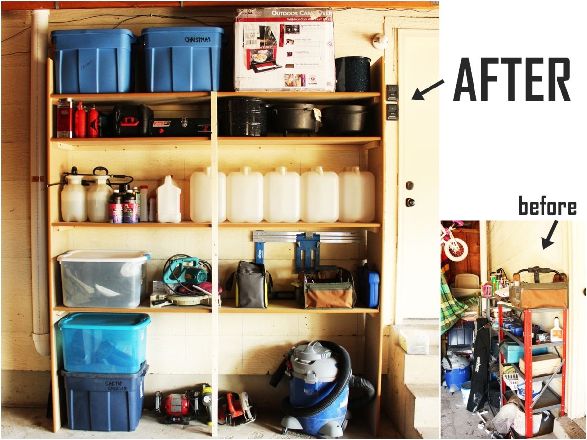 DIY Easy Built in Shelves before and after garage organization