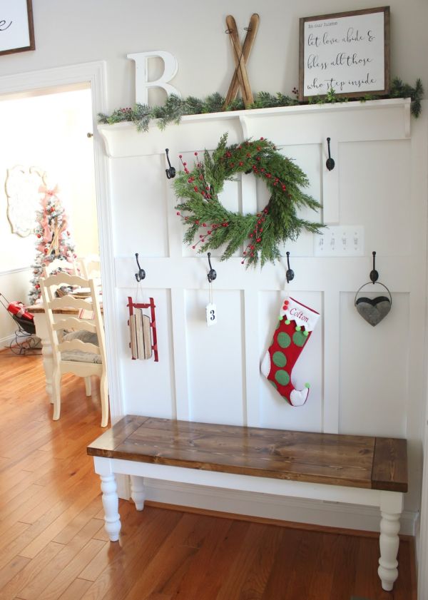 Layered coat rack and farmhouse bench combo
