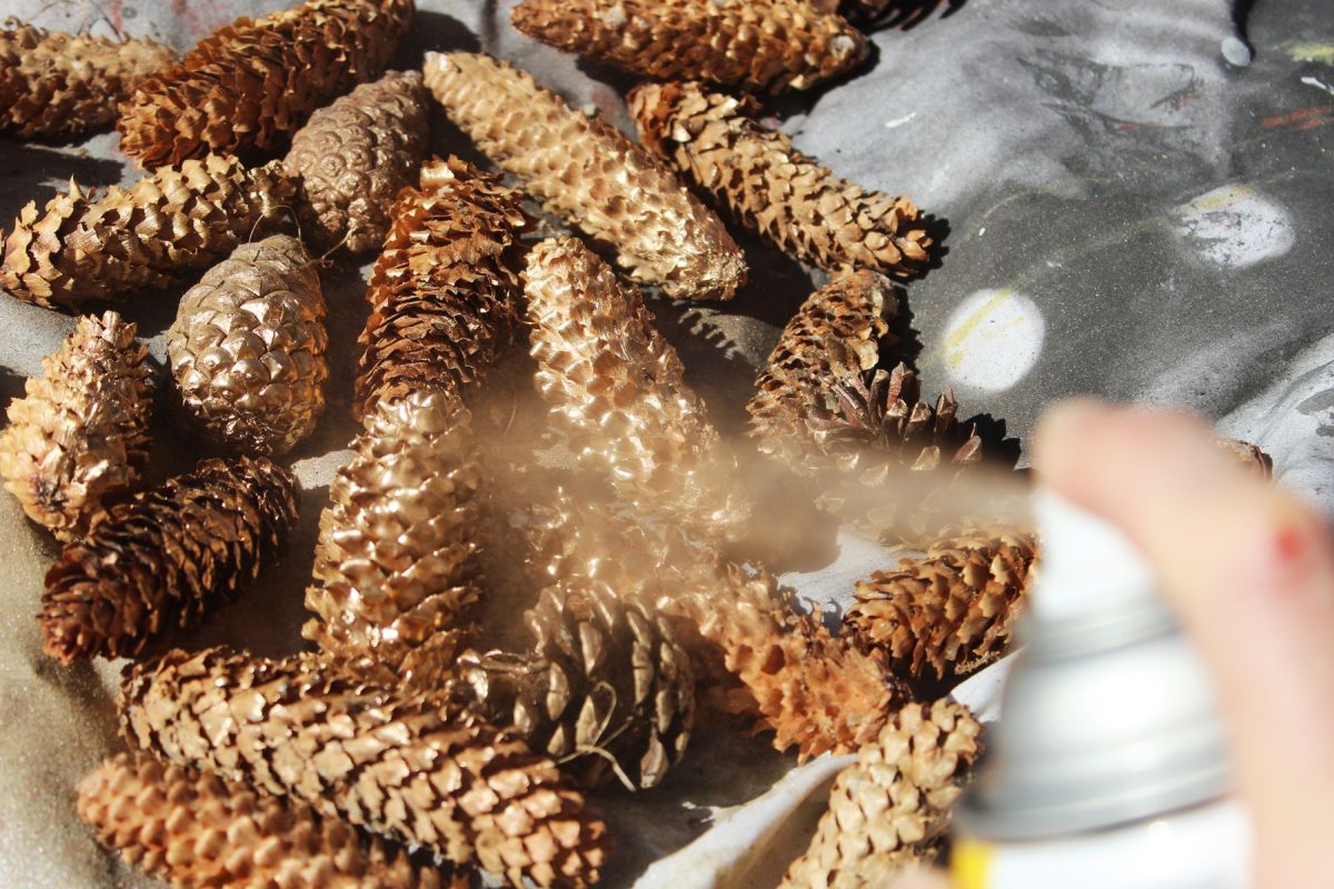 DIY Natural Christmas Tree Ornaments-Spray about 2 square feet of pinecones with the gold spray paint