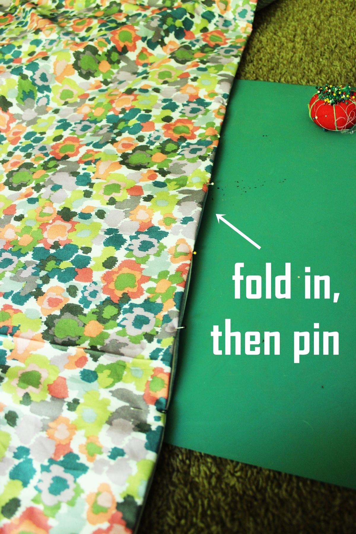 DIY Reversible Summer Quilt Fold the edges of the opening in and pin them in place