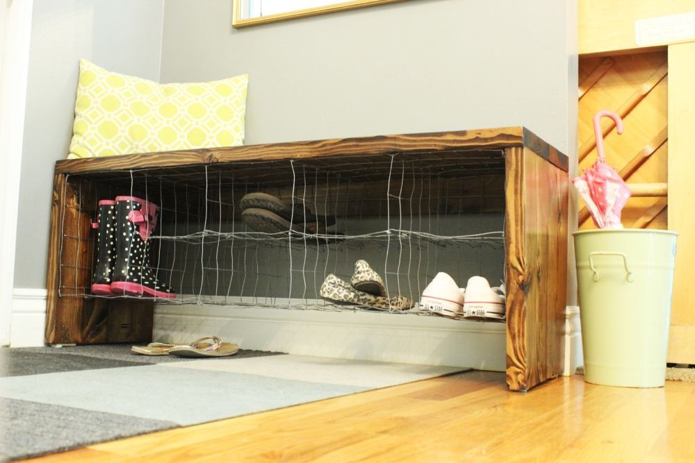 DIY shoe storage bench with wood and wire