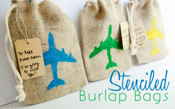 DIY stenciled burlap bags