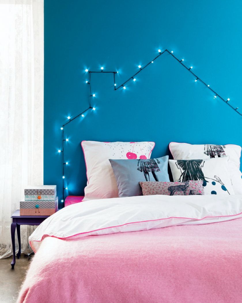 DIY string lights headboard