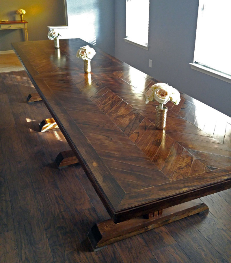 DIY table top with a herringbone pattern