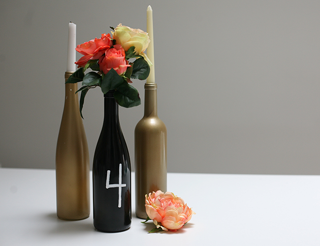 DIY wine bottle centerpieces - painted