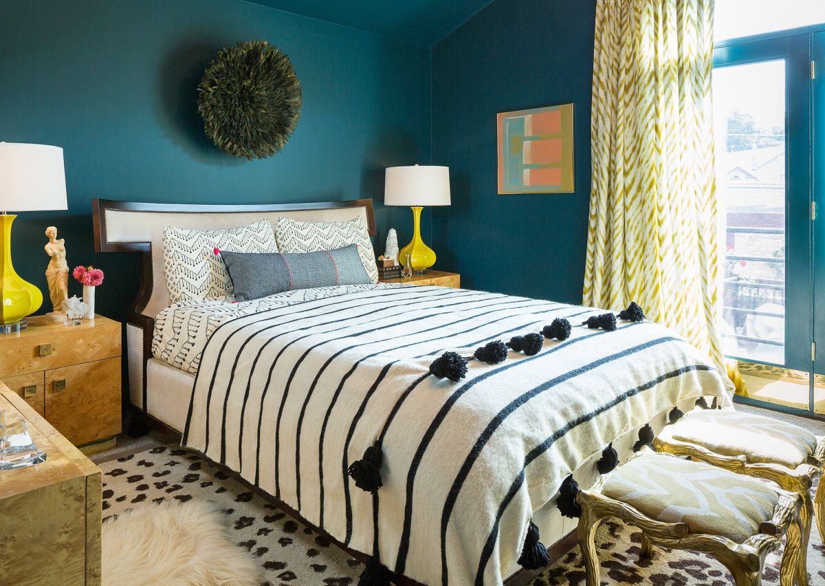 Dark Teal Bedroom with Bright Accents