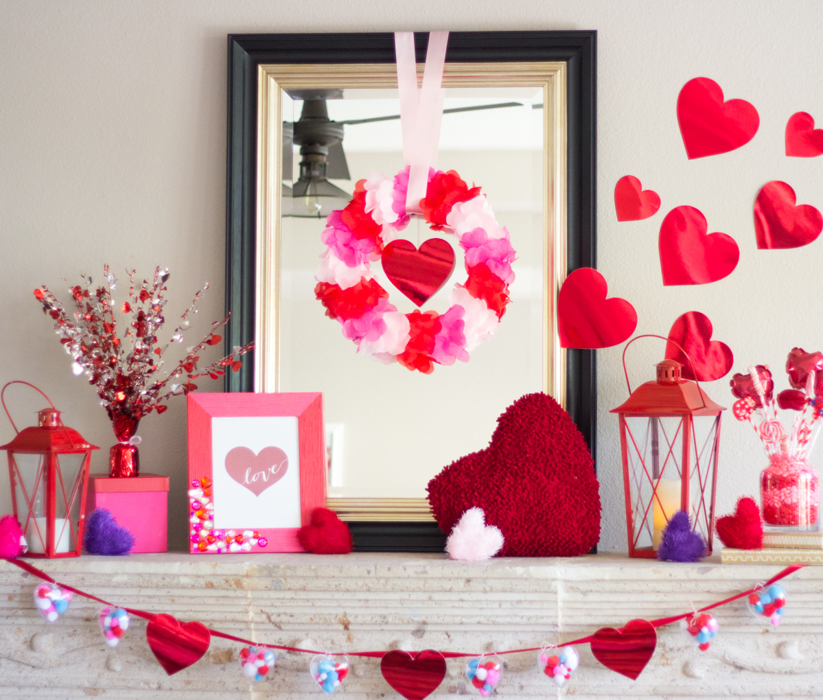 Decorating a mantel for valentines day