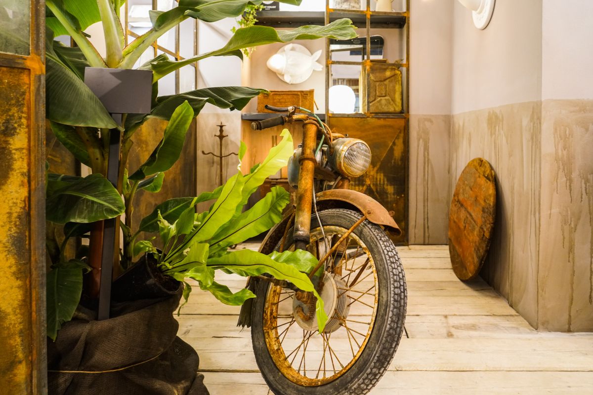 Decorating with plants and old motorcycle Karman Italy Euroluce 2017