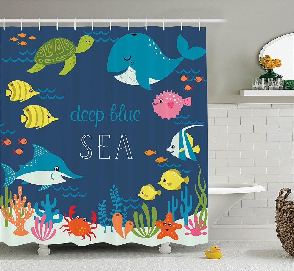 Deep sea blue shower curtain for kids