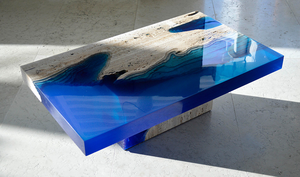 Design Lagoon table Travertine Marble and Resin