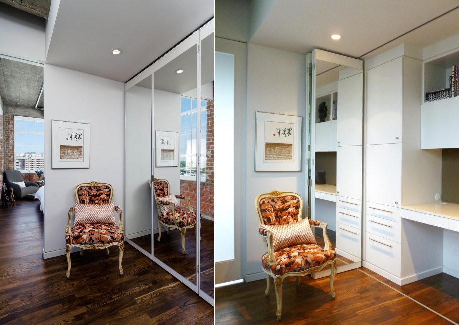 Desk behind mirrored folding doors