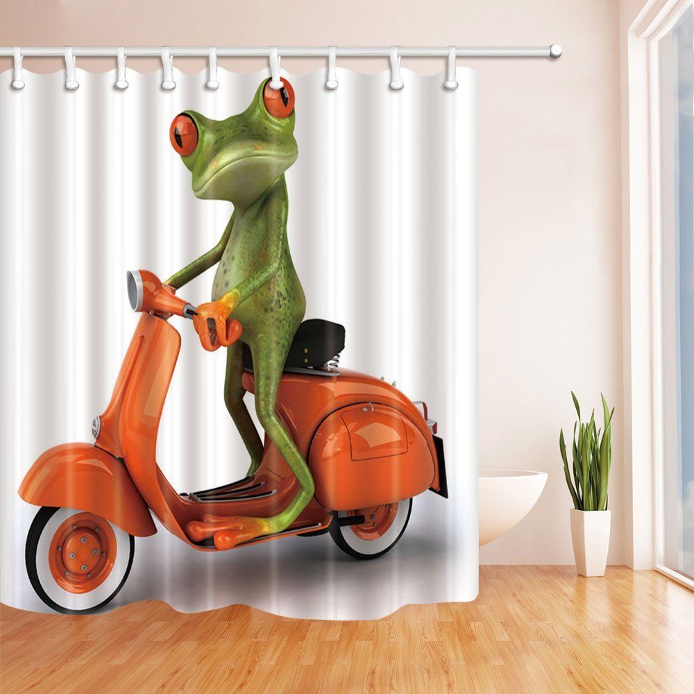 Digital Printing Animals Frog Riding a Orange Motorcycle Shower Curtain
