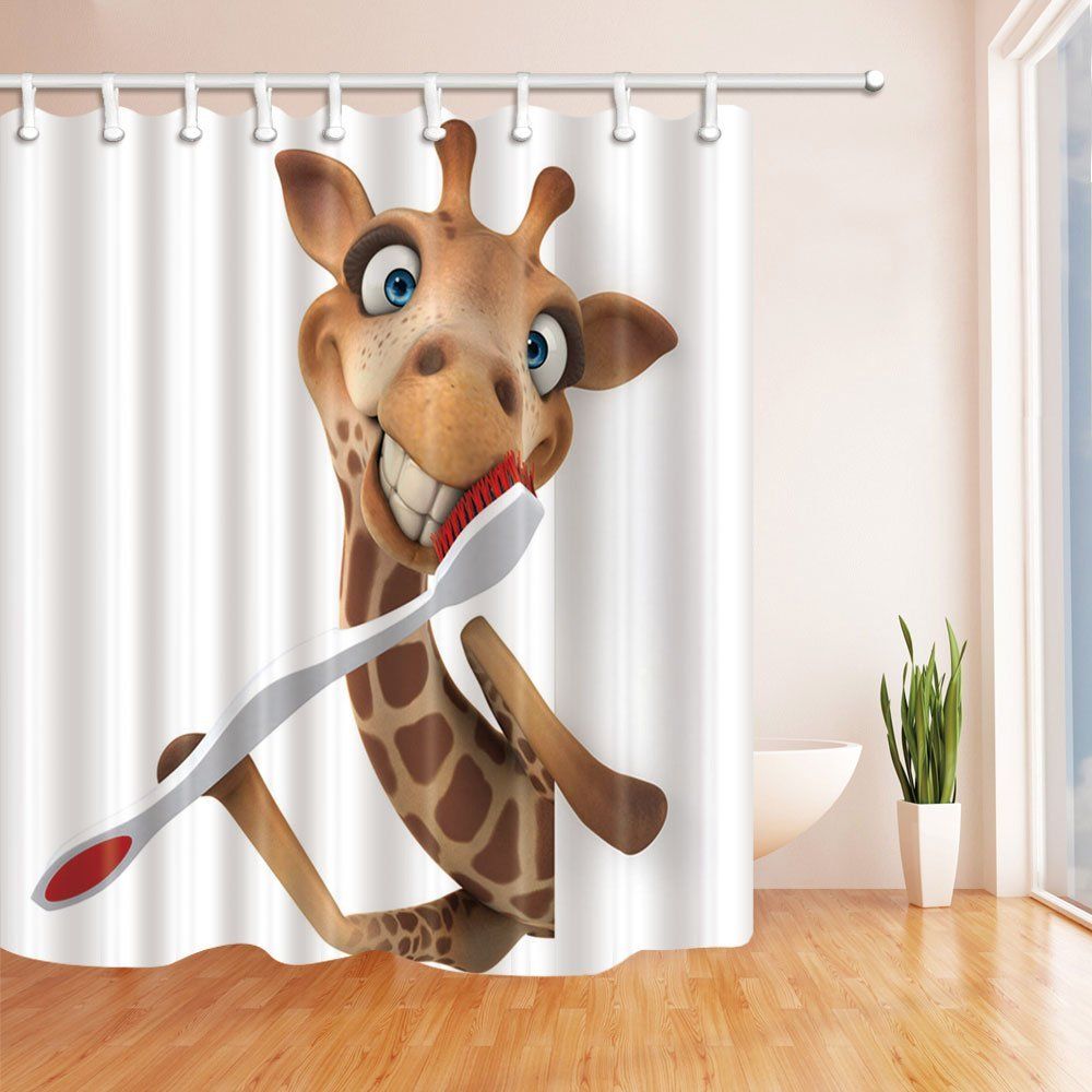 Digital Printing Giraffe Brushing Teeth Kids Shower Curtain