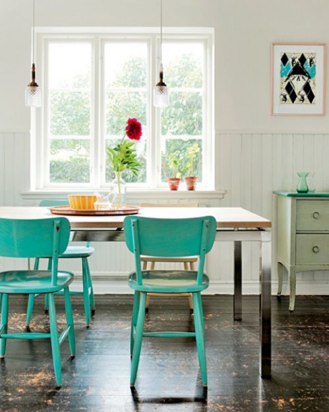 Dining room with aqua turquoise chairs