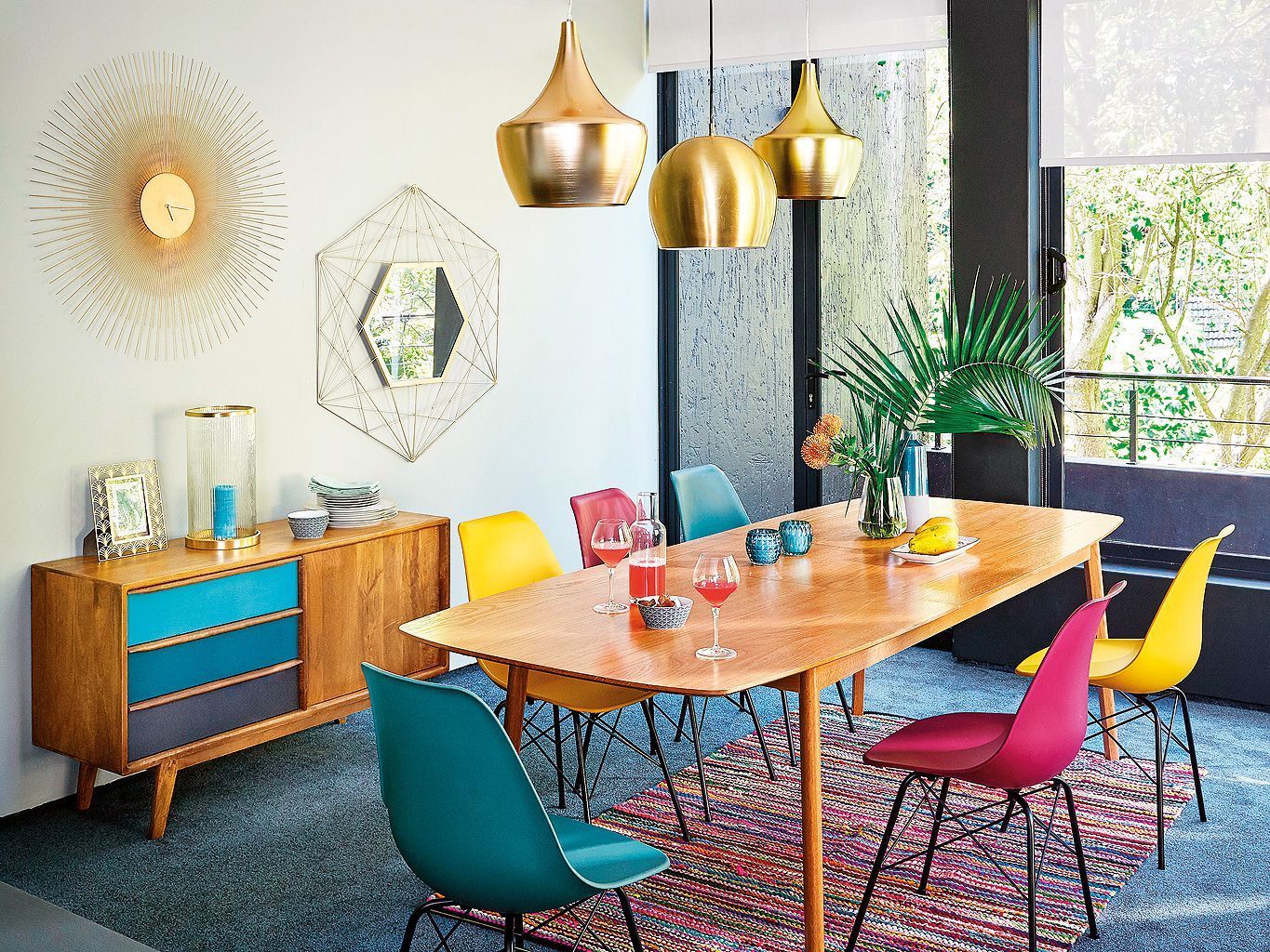 Dining room with colorful chairs