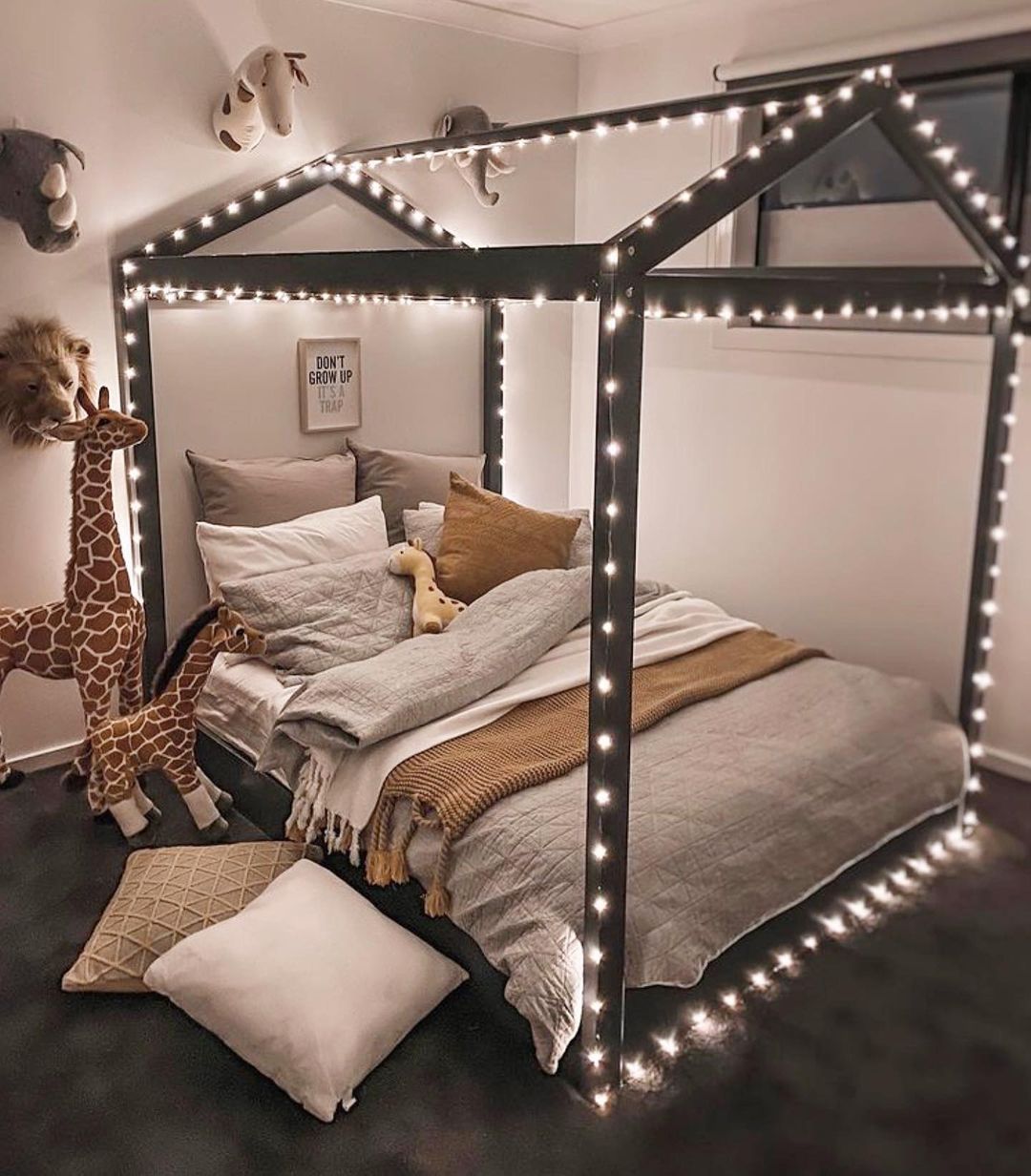 Double house bed with string lights