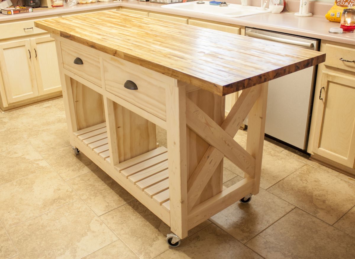 Double kitchen island with butcher block top on wheels