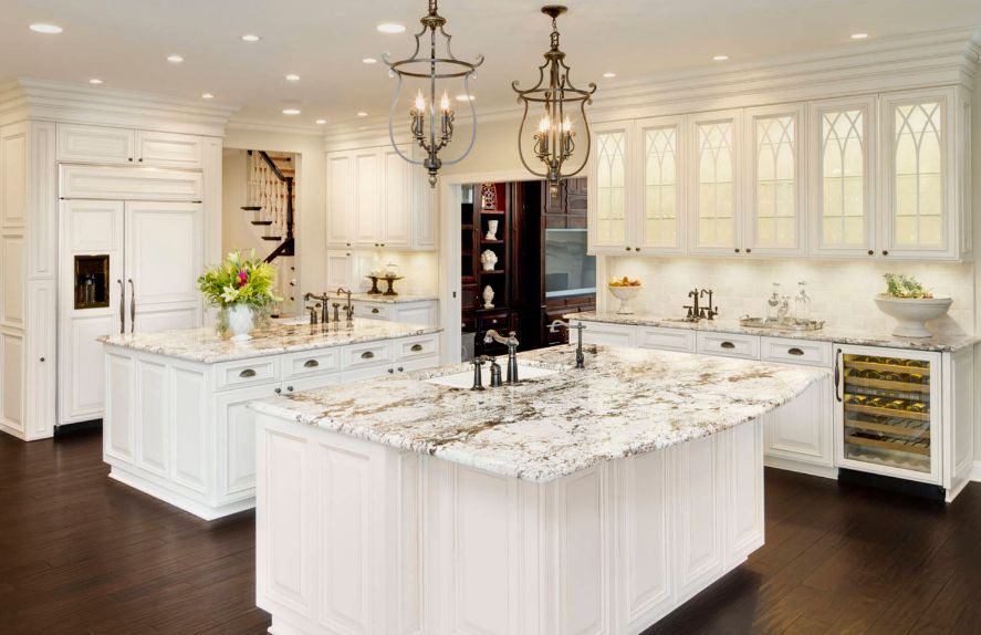 Double kitichen island kitchen design with white granite