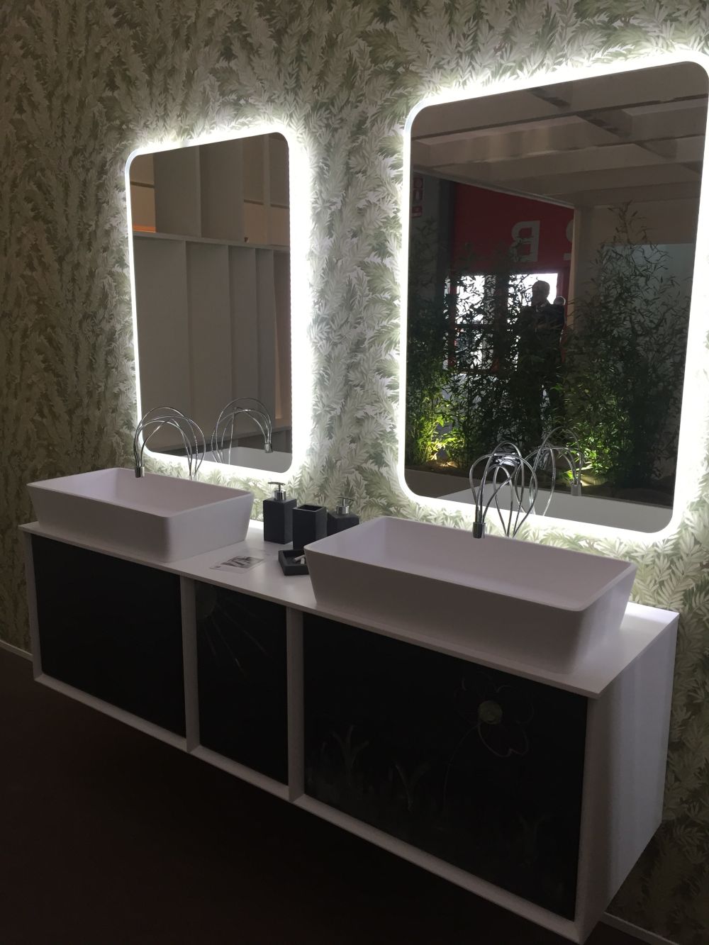 Double sink vanity with backlit mirror