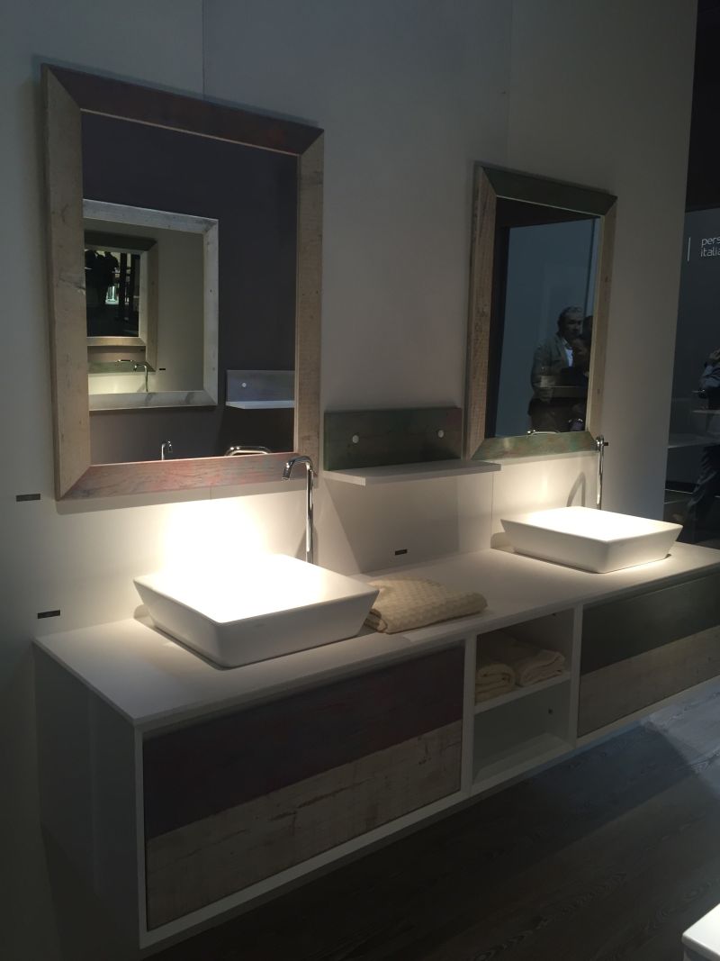 Double vanity with reclaimed wood fronts