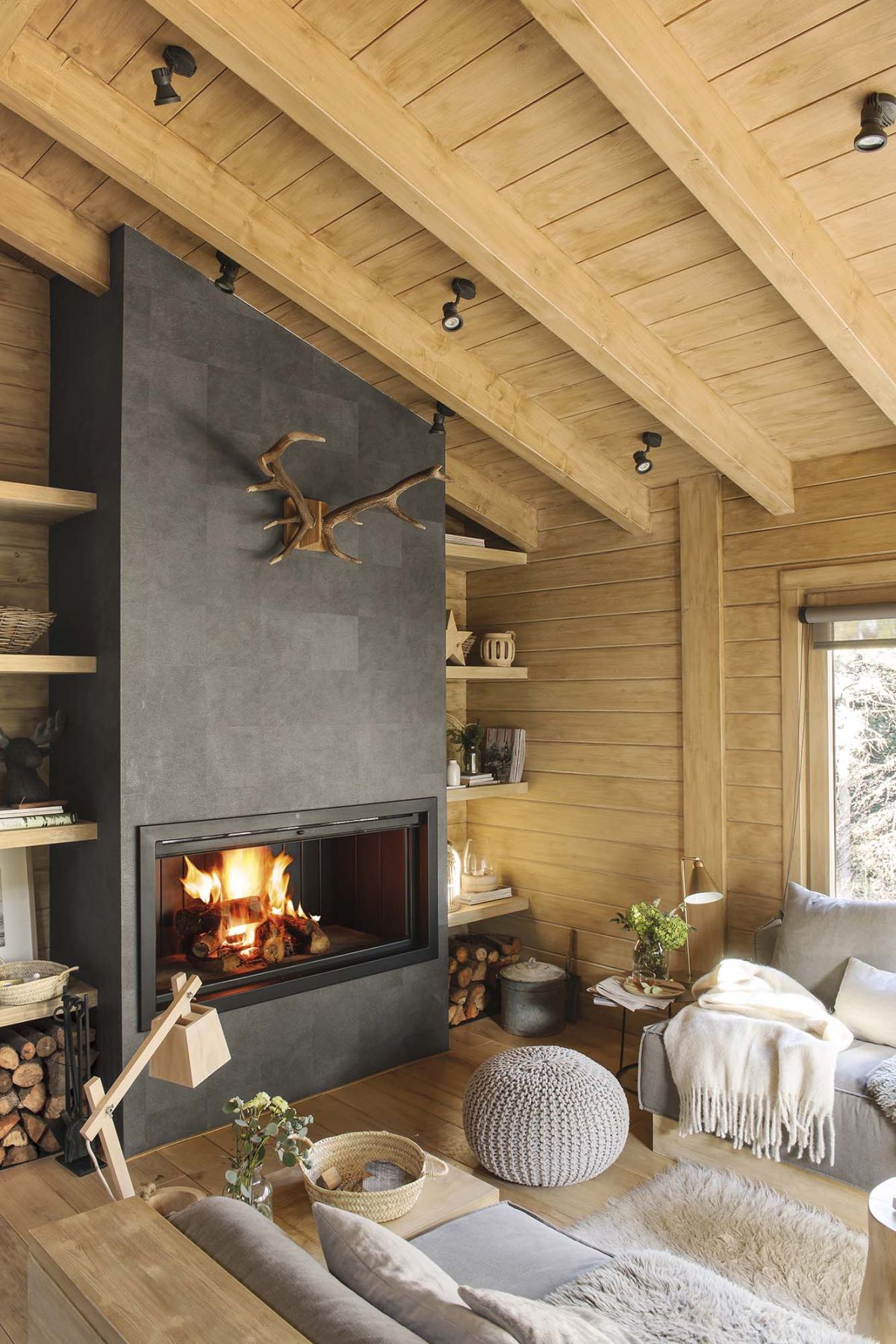 Dreamy rustic cabin living room with modern fireplace