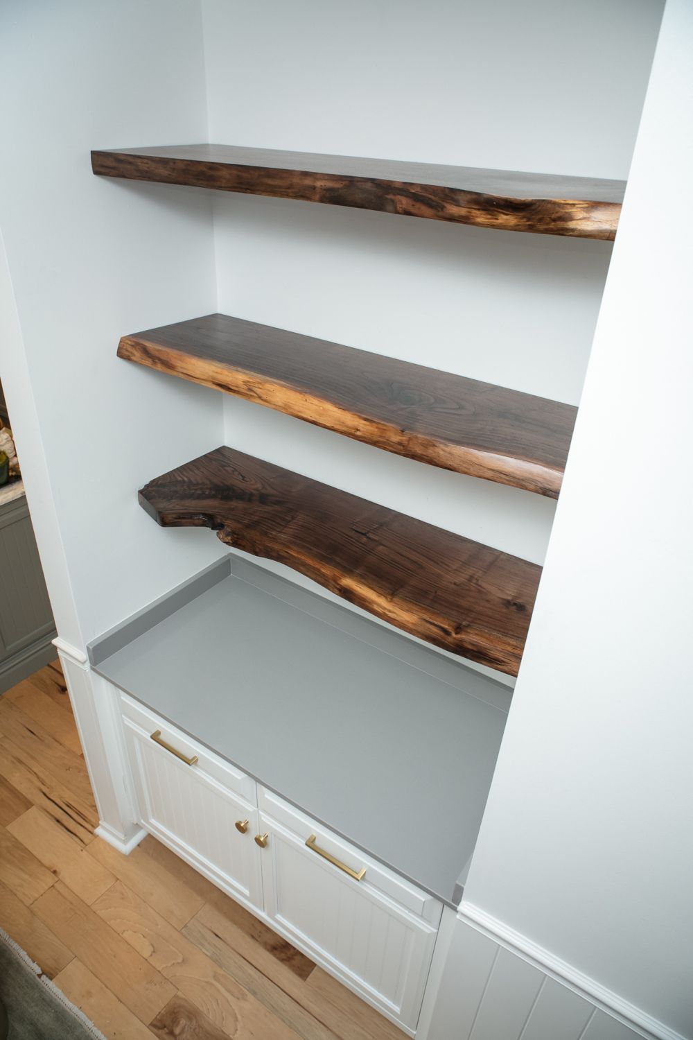 Wood shelves in a modern dresser