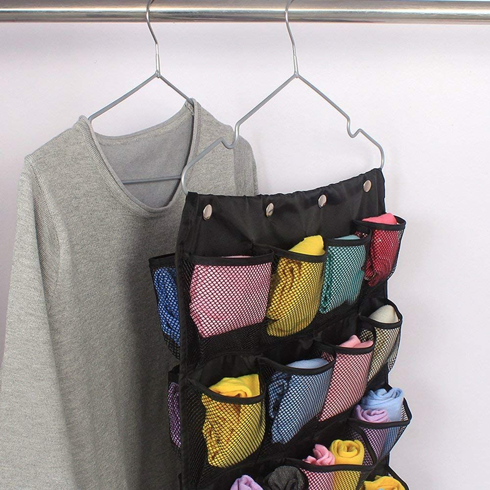 Dual-Sided Hanging Closet Organizer 42 Mesh Pockets Storage Bag with Hanger