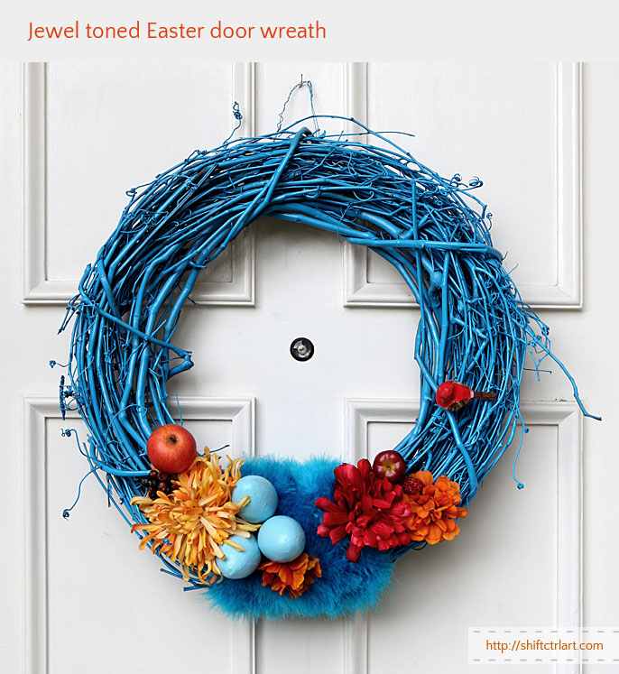 Egg and feather goes together - jewel toned Easter door wreath