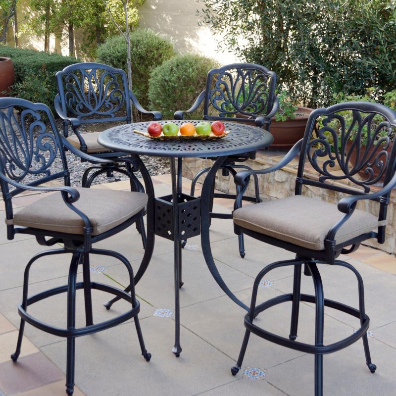 Elisabeth 5 Piece Cast Aluminum Patio Swivel Bar Stool SetInch Round Bar Height Table By Darlee