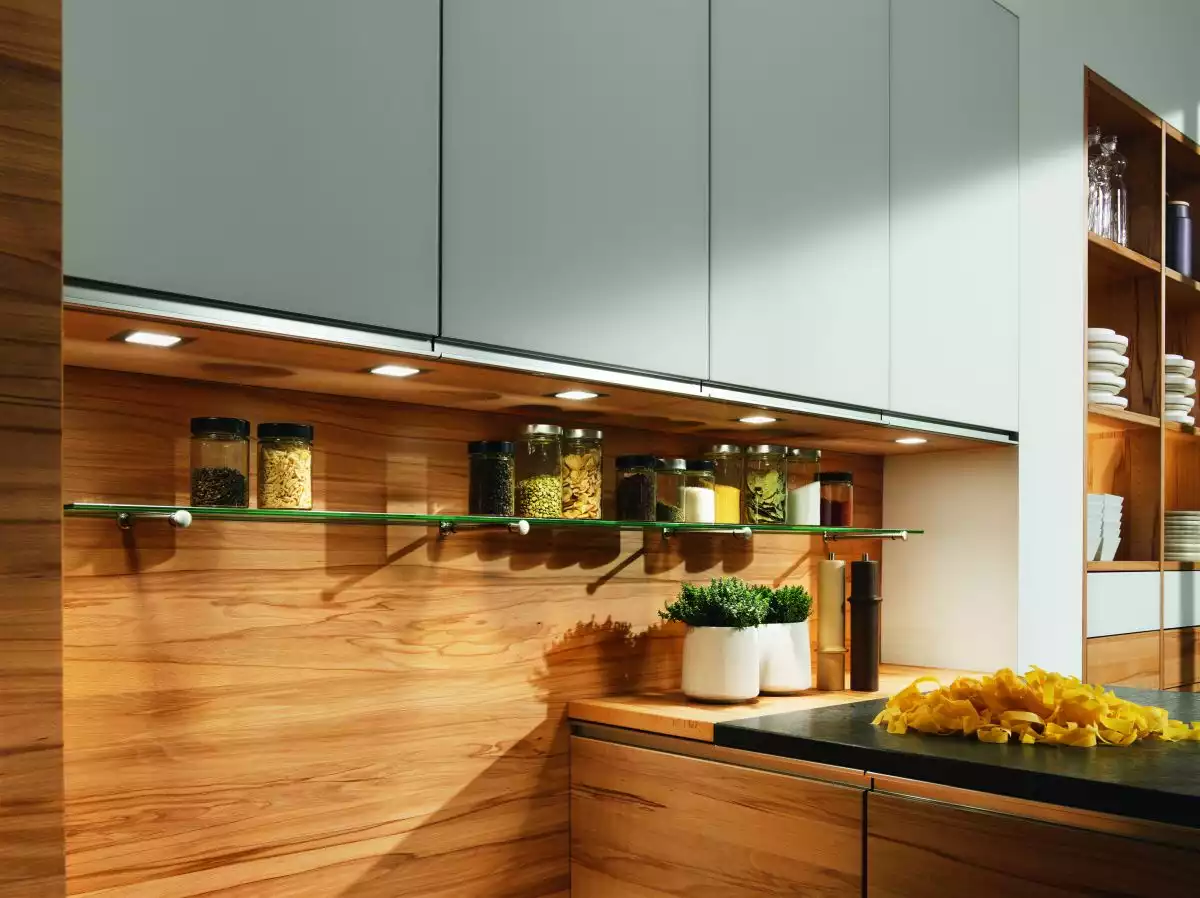 EuroCucina Linee Kitchen design from Team7 glass shelf for storage