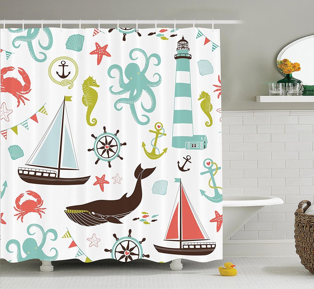 Fabric Shower Curtain by Ambesonne, Whale Shark Seahorse Sea