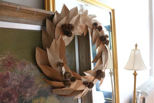 Brown Paper Bag Leaf Wreath with Blossoms