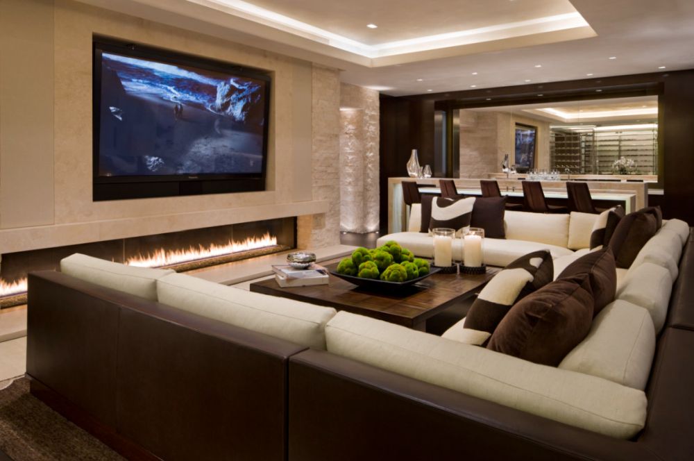 Family Entertaining Room with Linear Fireplace by Charles Cunniffe