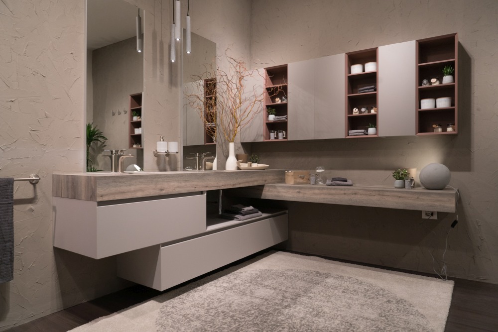 Fancy bathroom with wood accents