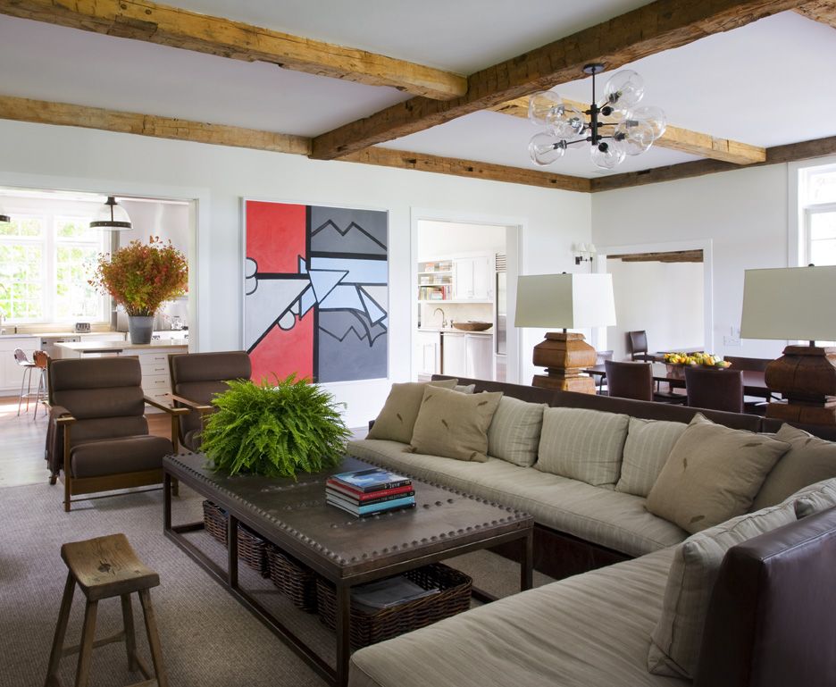 Farmhouse Fmaily Room With Exposed Ceiling Beams and Touch of Greens