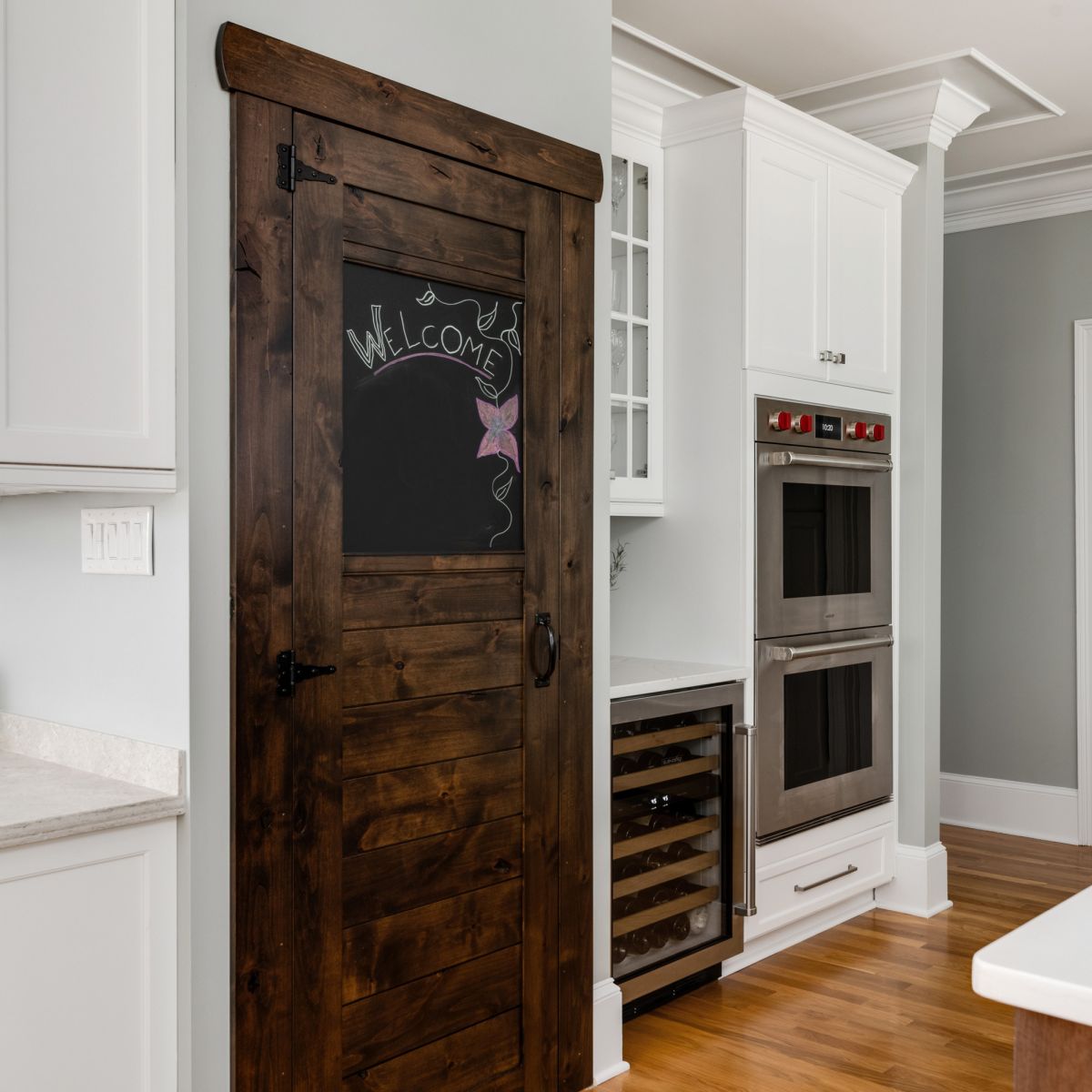 Farmhouse Pantry Doors with Chalkboard Insert