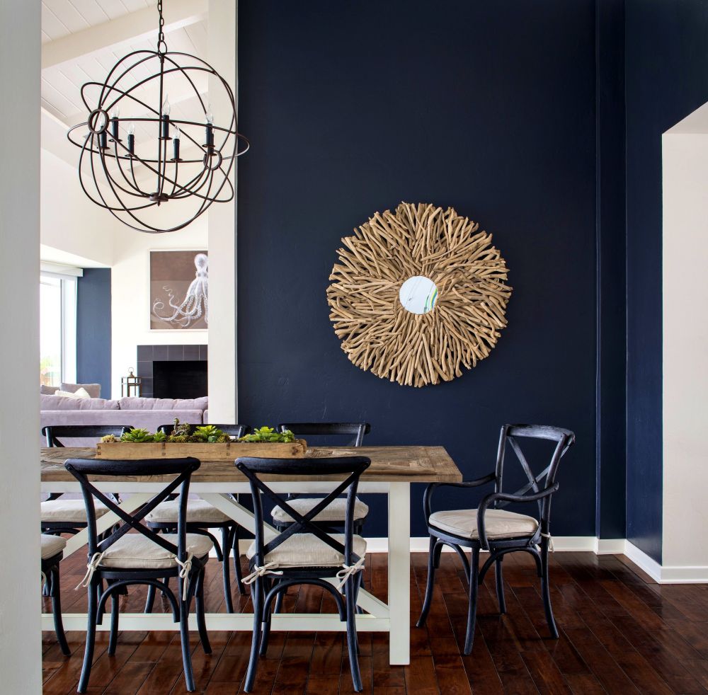 Farmhouse blue dining room with chandelier