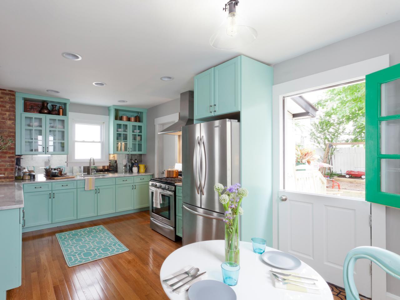 Farmhouse kitchen aqua cabinets dutch door