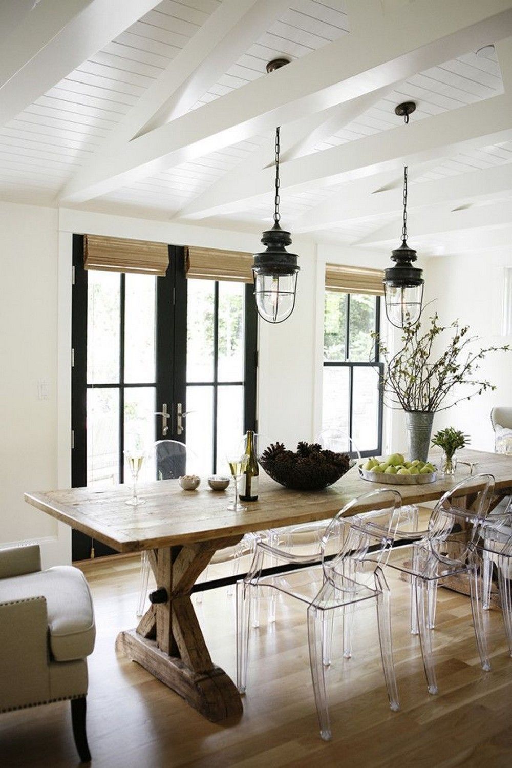 Farmhouse kitchen table x legs and ghost chairs