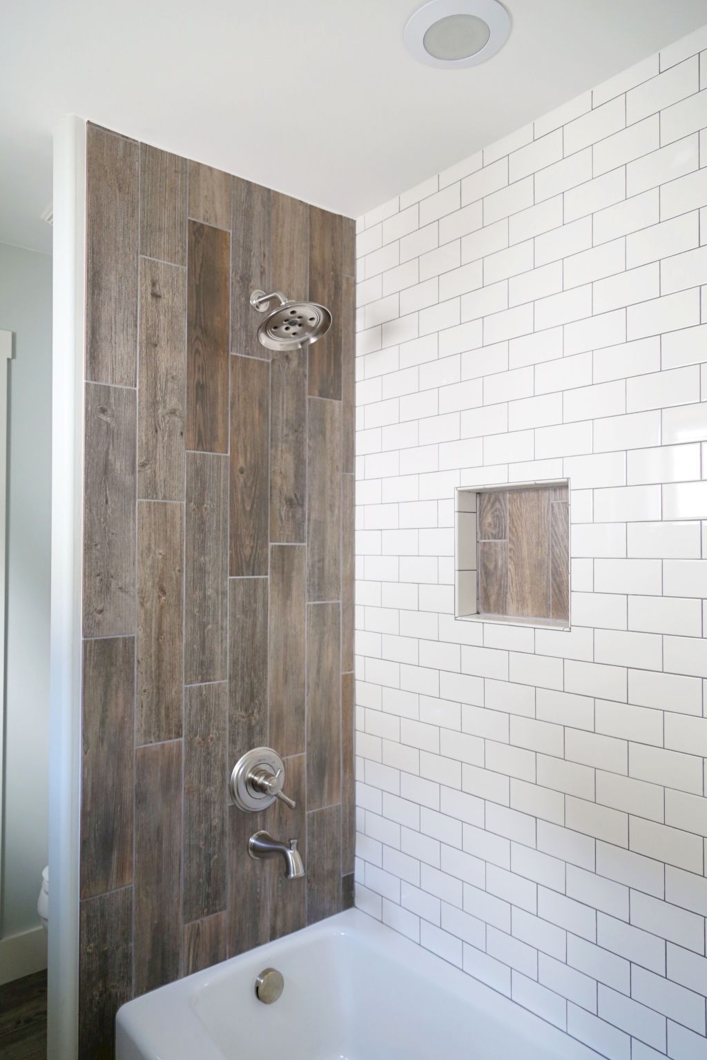 Farmhouse shower wood tile accent