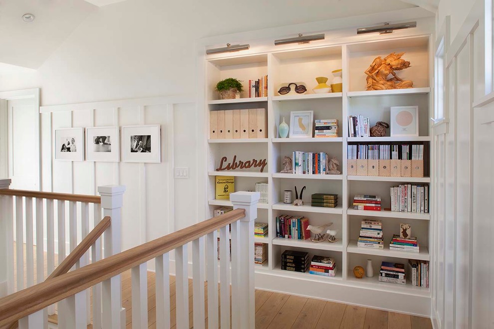 Farmhouse stair hallway built in shelves