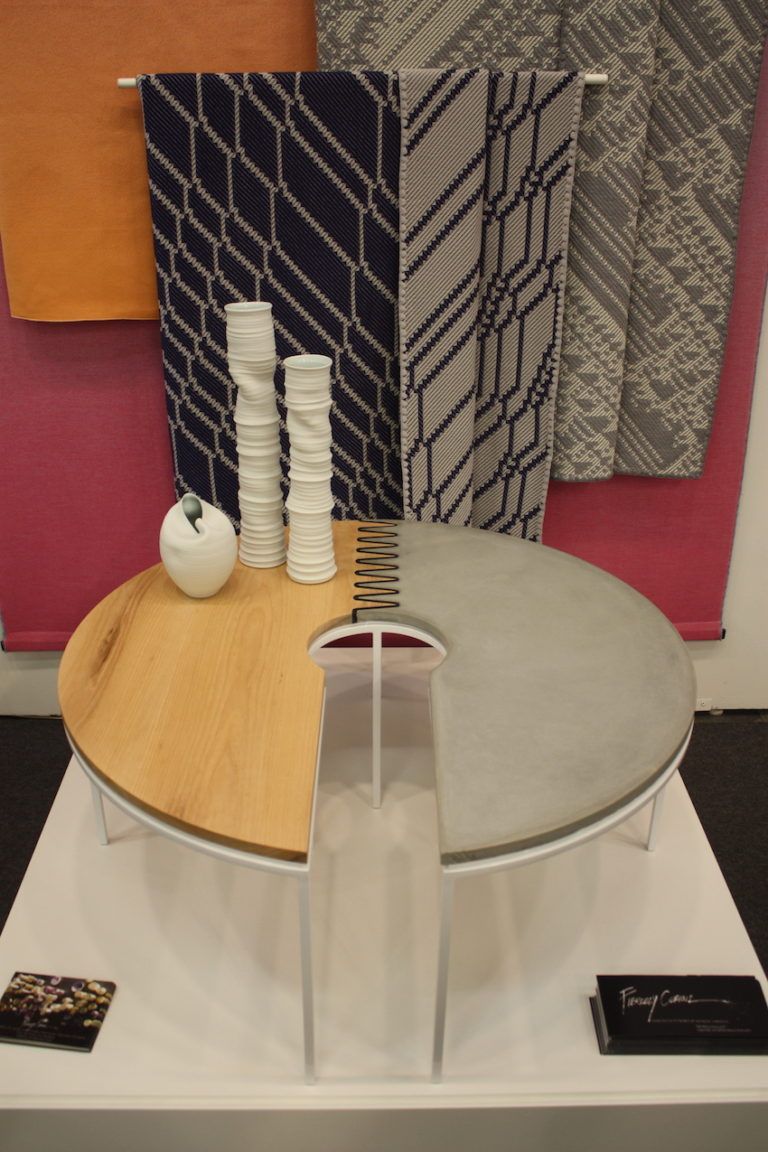 Fiercely Curious of Brooklyn presented this handmade table by Carlos Meza of Black Table Studio. Created from solid white ash wood and concrete, it has a zig-zag rubber joint. The frame is made of white powder coated steel.