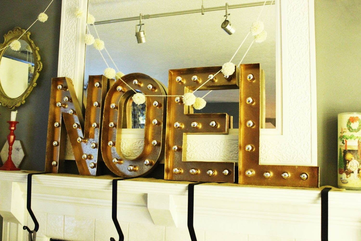 Fireplace mantel with Noel letters